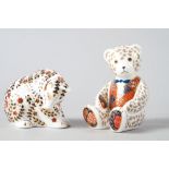 Two Royal Crown Derby paperweights, bear in waistcoat with gold stopper, 4 3/4" high, and another