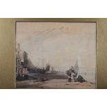 After Bonnington: an early 19th century aquatint, beach scene with figures and sailing boats, 9