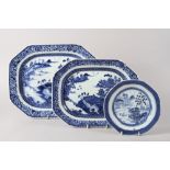 A Chinese octagonal blue and white meat plate with proto-Willow pattern design, 16" wide, and two