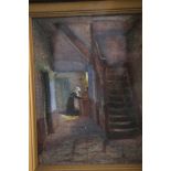 A 19th century Dutch School watercolour, interior scene with figure, indistinctly signed, 6" x 4 1/