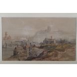 Girtin?: watercolours, "View of old Scarborough", 8 1/4" x 14 1/4", in wash line mount and gilt