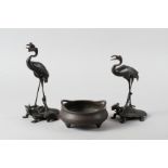 Two Chinese spelter model cranes standing on mythical tortoises, 9 1/2" high, and a bronze censer