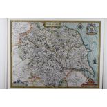 A Speed 17th century hand-coloured map of Yorkshire, in double sided wash line and gilt mounted