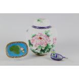 A Chinese cloisonne enamel jar and cover with peony and butterfly design, 8 1/2" (damage to lid