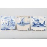 Three 18th century tiles with ships and harbours, 5 1/4" square (one restored)