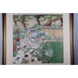 Mary Oldham: watercolours, garden scene, 19" x 19 1/4", in wooden strip frame, a watercolour still