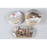 Three Prattware pot lids, "The Snow Drift", "Wouverman Pinx!" and "The Master of the Hounds",