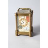 A late Victorian gilt and enamelled porcelain decorated case hour repeat carriage clock, 6 1/2" high