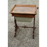 A mid Victorian rosewood tray top work table, fitted one drawer and pull out well, pierced panel end