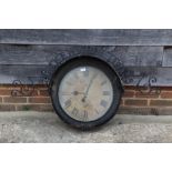 A late 19th century street/shop clock with single fusee movement, white enamel dial, Roman