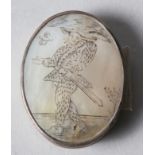 An 18th century Continental white metal and engraved mother-of-pearl oval pillbox, 2 1/4" max dia