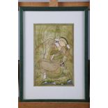 A modern Persian miniature, lovers in a landscape, 8 1/4" x 5 1/4", in green stained frame