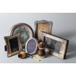Five 20th century silver photo frames, various designs and shapes, a silver mounted peppermill and a