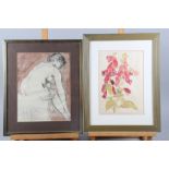 A pencil sketch of a seated nude woman, in gilt strip frame, and a watercolour on silk of foxgloves,