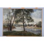 An early 20th century oil on canvas, river landscape with village and bridge, 10 1/2" x 15",