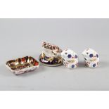 Two Royal Crown Derby model mice paperweights with gold stoppers, a similar frog and an "Old