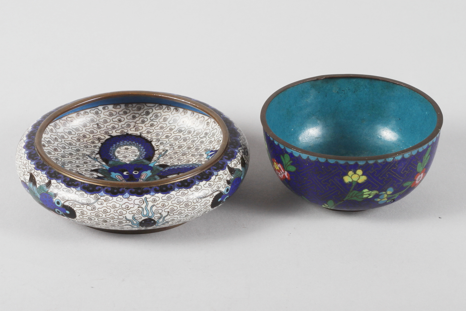A Chinese cloisonne shallow bowl with dragon centre, 5 3/4" dia, and a similar bowl with peony