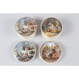 Four Prattware pot lids, "Bear, Lion and Cock", "Children sailing boat in tub" with base, and two of