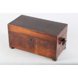 An early 19th century mahogany tea caddy with blending bowl and ring handles, on bun feet, 12" wide
