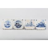 Three 18th century English delft tiles, landscapes with buildings (restored) and a Dutch tile with