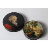 An early 19th century snuff box with bearded figure, 4" dia, and a scenic snuff box, 5 5/8" dia