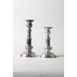 A pair of Sheffield silver plate telescopic candlesticks, on weighted bases, 8 3/4" high max