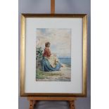 A De Dominius: watercolours, coastal scene with gypsy girl, 13" x 8 3/4", in gilt strip frame