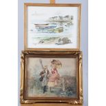 Rodolph Mettler, 1893: watercolours, figures by a gate/stile, 7 3/4" x 9 3/4", in gilt frame, and R