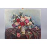 Samy Sassy: oil on canvas, still life of roses, 21" x 25 1/2", unframed, and another unframed