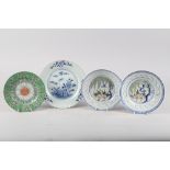An 18th century Chinese blue and white export plate with peony and fence pattern, 9" dia (restored),