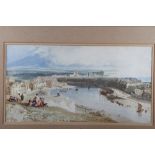 After Bonington: an early 19th century aquatint, beach scene with figures and sailing boats, 9 3/