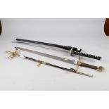 A Japanese Katana, in black plastic scabbard, blade 27 1/2" long, a modern Crusader's sword, a