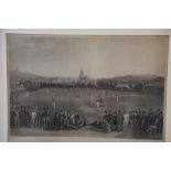 A 19th century black and white engraving, "The Cricket Match, Sussex and Kent at Brighton", in