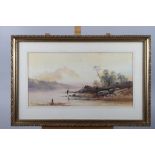 Edwin Earp: watercolours, Middle Eastern river scene, 9" x 17 3/4", in wash line mount and gilt