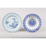 An English late 18th century delft scallop edge dish, 8 3/4" dia (extensively restored) and a late