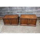 A pair of antique oak plank top linen boxes with panel fronts, 36" wide x 19" deep x 21" high