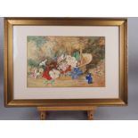 Frederick Flockton: watercolours, flowers in a basket, 10 34" x 16 1/2", in gilt strip frame