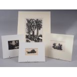 Robert Gibbings: four wood engravings/prints, palm trees, tortoise, feathers and figures by a window