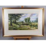 Daniel Conway: watercolours, Wooden Bridge over a Stream, 11 1/2" x 20", in gilt strip frame