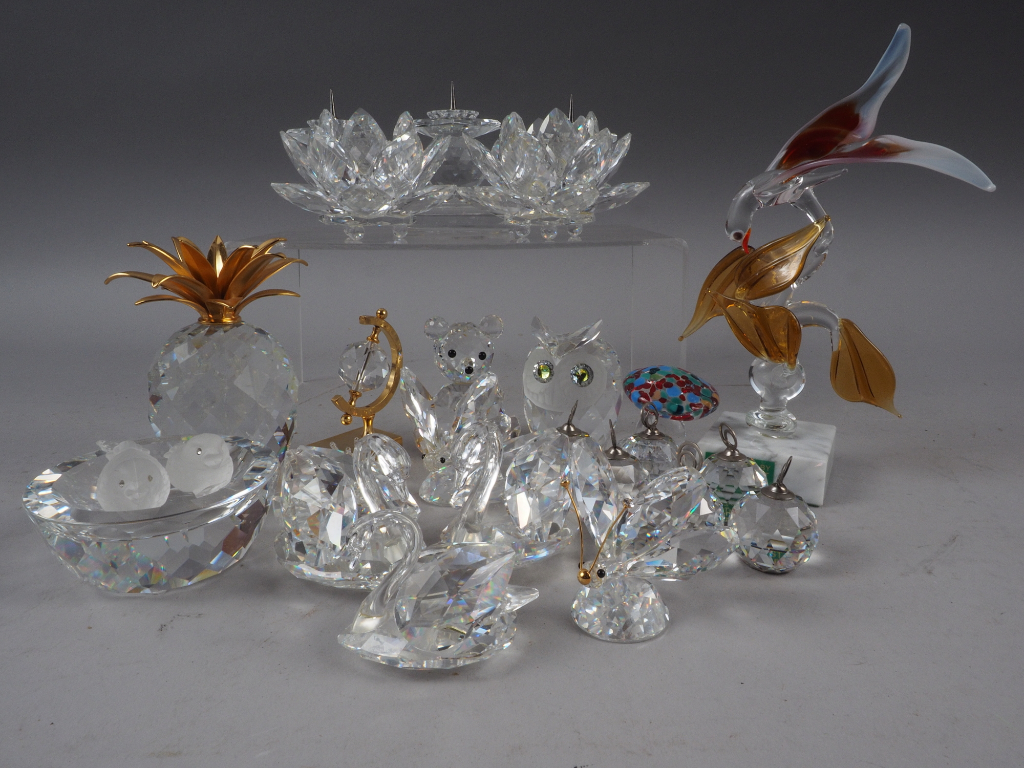 A collection of Swarovski crystal, including a triple pricket candlestick, a gilt metal mounted - Image 2 of 2