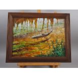 Richard J Smith: acrylic on board, "Brown Trout and Mayfly", 12" x 16", in wooden strip frame