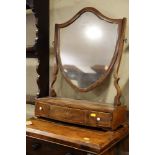 A 19th century mahogany and box line inlaid shield-shaped swing frame toilet mirror, on plateau