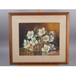 Marion Broom: watercolours, a basket of white flowers, 9 1/2" x 11 3/4", in wooden strip frame