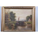 An oil on canvas, "Sonning Lock", 13" x 16 1/2", in gilt strip frame