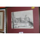 Three etchings, Continental cityscapes, and a similar watercolour sketch, "Munchen Glacbach", in