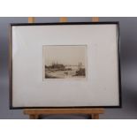 Leslie Mansfield: a dry point etching of a harbour scene, in ebonised strip frame