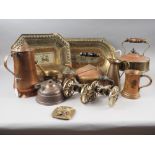 An assortment of metalware, including a brass pestle and mortar, a copper jug, 10 1/2" high, three