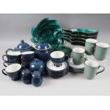 A Denby blue glazed part teaset and assorted green and black glazed dishes