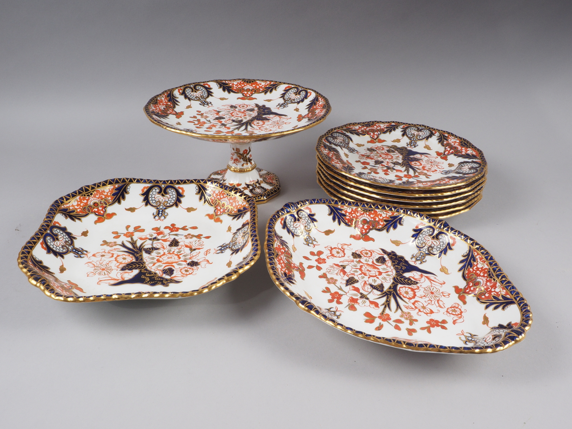 A Royal Crown Derby dessert set, pattern 383, comprising comport, two serving dishes and six dessert