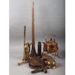 A copper kettle, on stand, a posting horn, 33 3/4" long, a beer tap and other items